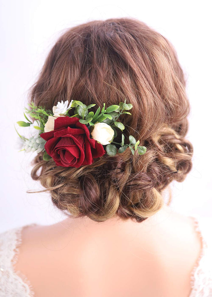 Kercisbeauty Red Floral Hair Clip Burgundy Wedding Hair Comb Headband for Brides Garden Wedding Bridal Bridesmaide Headpiece Flower Girl Hair Dress