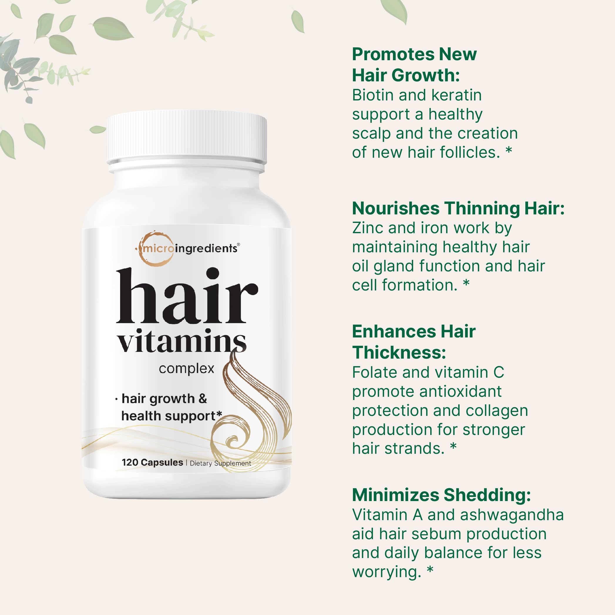 Hair Growth Vitamins Complex, 120 Capsules | 14-in-1 Formula with 5,000mcg Biotin, Collagen, Keratin, Vitamin C, Saw Palmetto & More | Vitaminas Para El Cabello | Promotes Natural Growth & Thickness