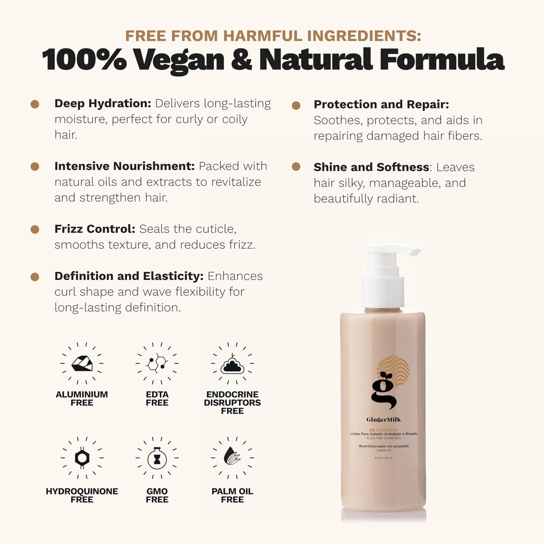 Ginger Milk Leave in Conditioner for Curly, Wavy, and Coily Hair | Hydrates, Nourishes and strengthens | curl cream & curly hair products Be Yourself 8.5 oz