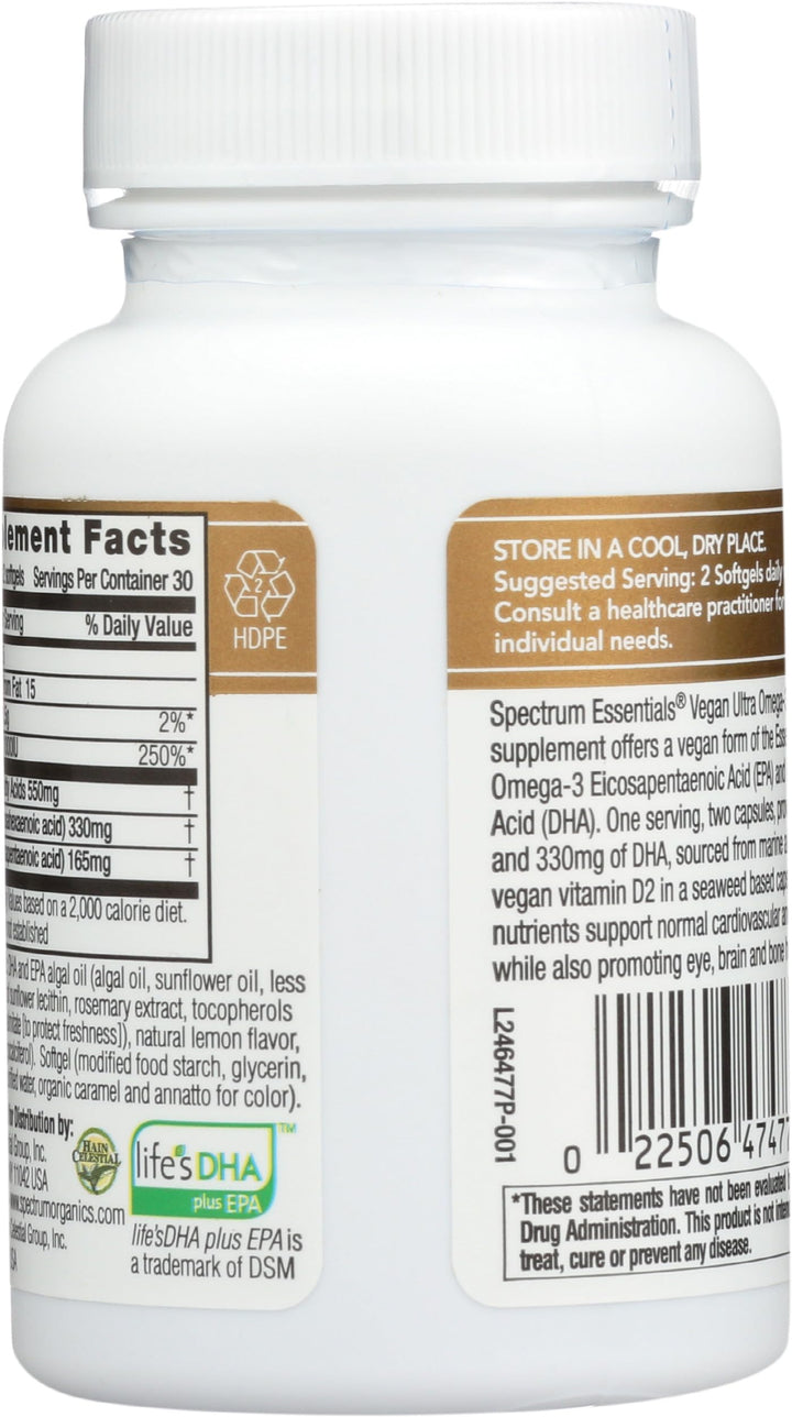 Spectrum Essentials Soft Gels, Vegan Ultra Omega-3 EPA and DHA with Vitamin D, 60 Count