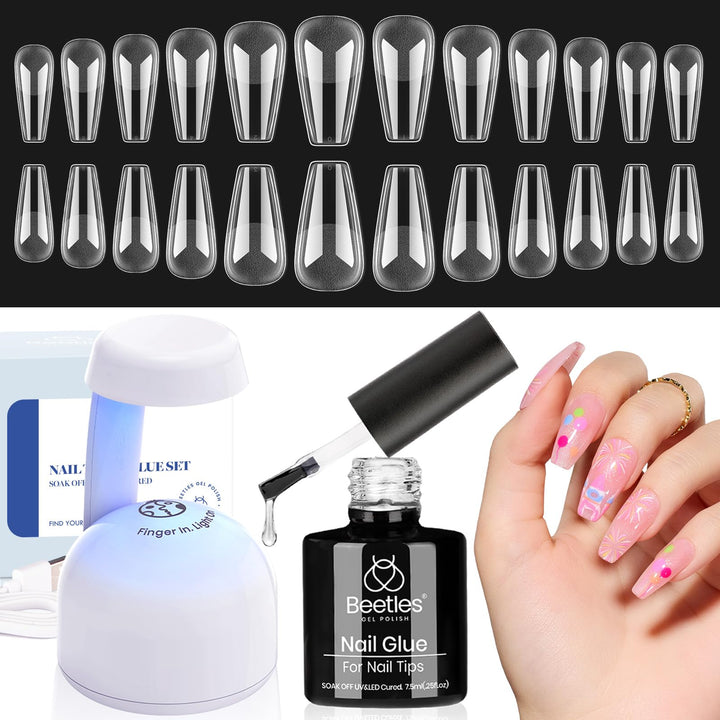 Beetles Gel Nail Kit Easy Nail Extension Set With Etch X Nail Tips 504Pcs Half Matte Medium Coffin Shaped Tips 5 in 1 Nail Glue Base Gel and Innovative Led Lamp Diy Art at Home Nail Kit