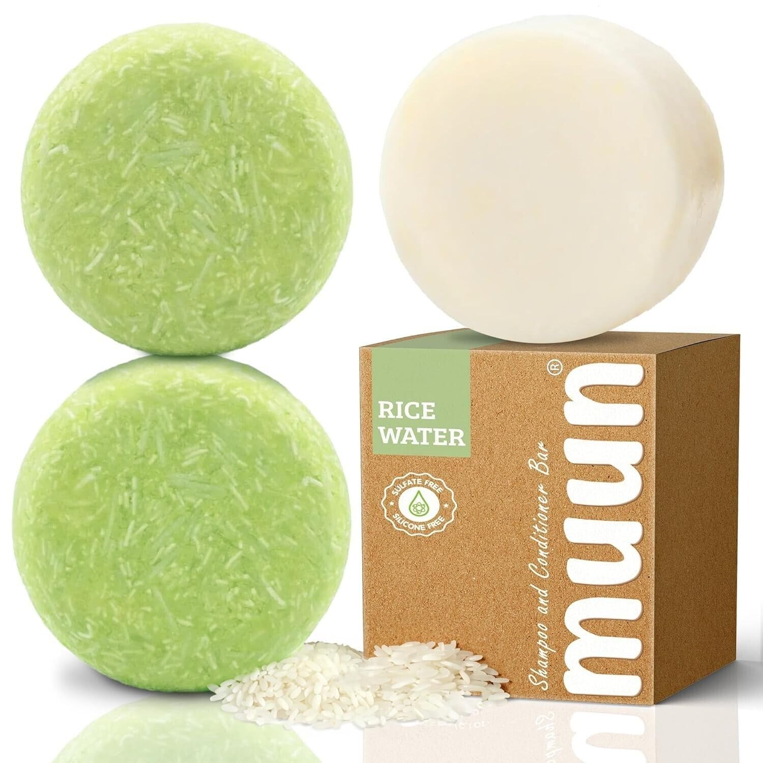 Muun Rice Water Shampoo and Conditioner Bar Pack 3 - Hair Growth, Thickening, Strengthening, Anti Hair Loss, Volumize & pH Balanced - Sulfate & Silicone Free For All Hair Type