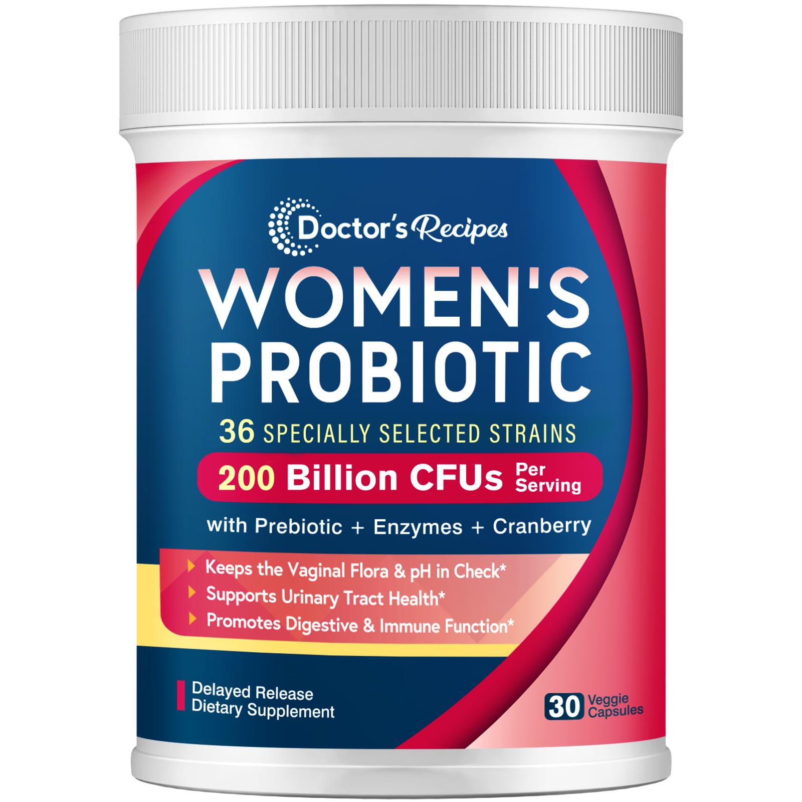 Doctor's Recipes Probiotics for Women, 200B CFUs 36 Strains, with Prebiotics, Enzymes & Cranberry, Vaginal Urinary Digestive & Immune, Shelf Stable, 30 Caps