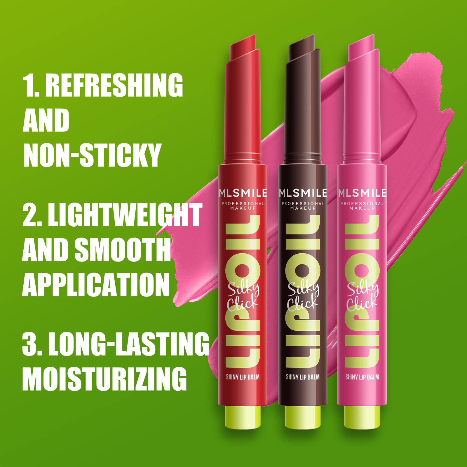 MLSMILE 3 Colors Fat Lip Oil Click Slick,Press Lipstick Set,Moisturizing Lip Balm,High Pigment Glow Lip Oil,Red Lipstick for Women,Pigmented Vegan,Lightweight and Glossy Lip Plumper with Coconut Oil