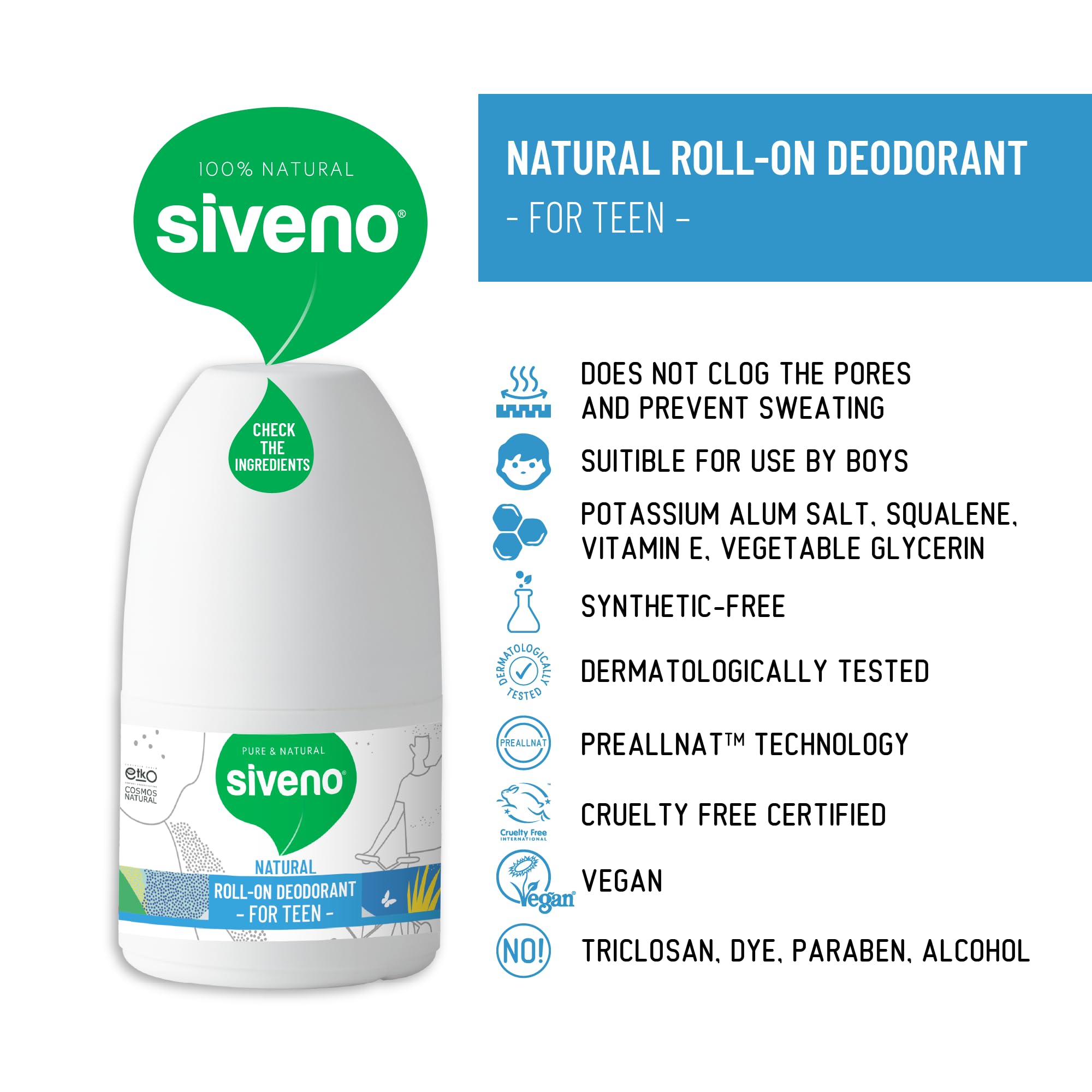 Siveno, All Natural Deodorant Roll-On | Aluminum Free Deodorant for Men & Teen Boy | Organic, Vegan | Fresh, Non Staining, Non Irritating | Cruelty Free, Non Toxic, Paraben Free | Teen Boy, Pack of 1