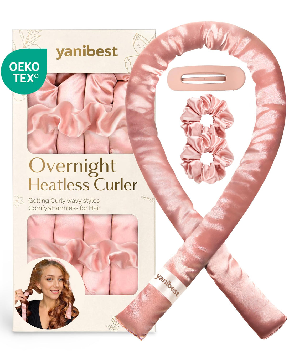 Yanibest Super Soft Satin Heatless Curler Set, Overnight Hair Curler to Sleep in, No Heat Curling Rods, with Satin Scrunchies and Clip