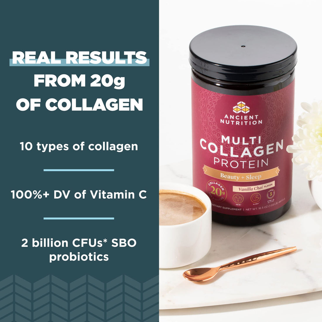 Ancient Nutrition Collagen Powder Protein, Multi Collagen Protein Beauty + Sleep with Vitamin C, Vanilla Chai, Hydrolyzed Collagen Peptides Supports Skin and Nails, Sleep, 16.1oz