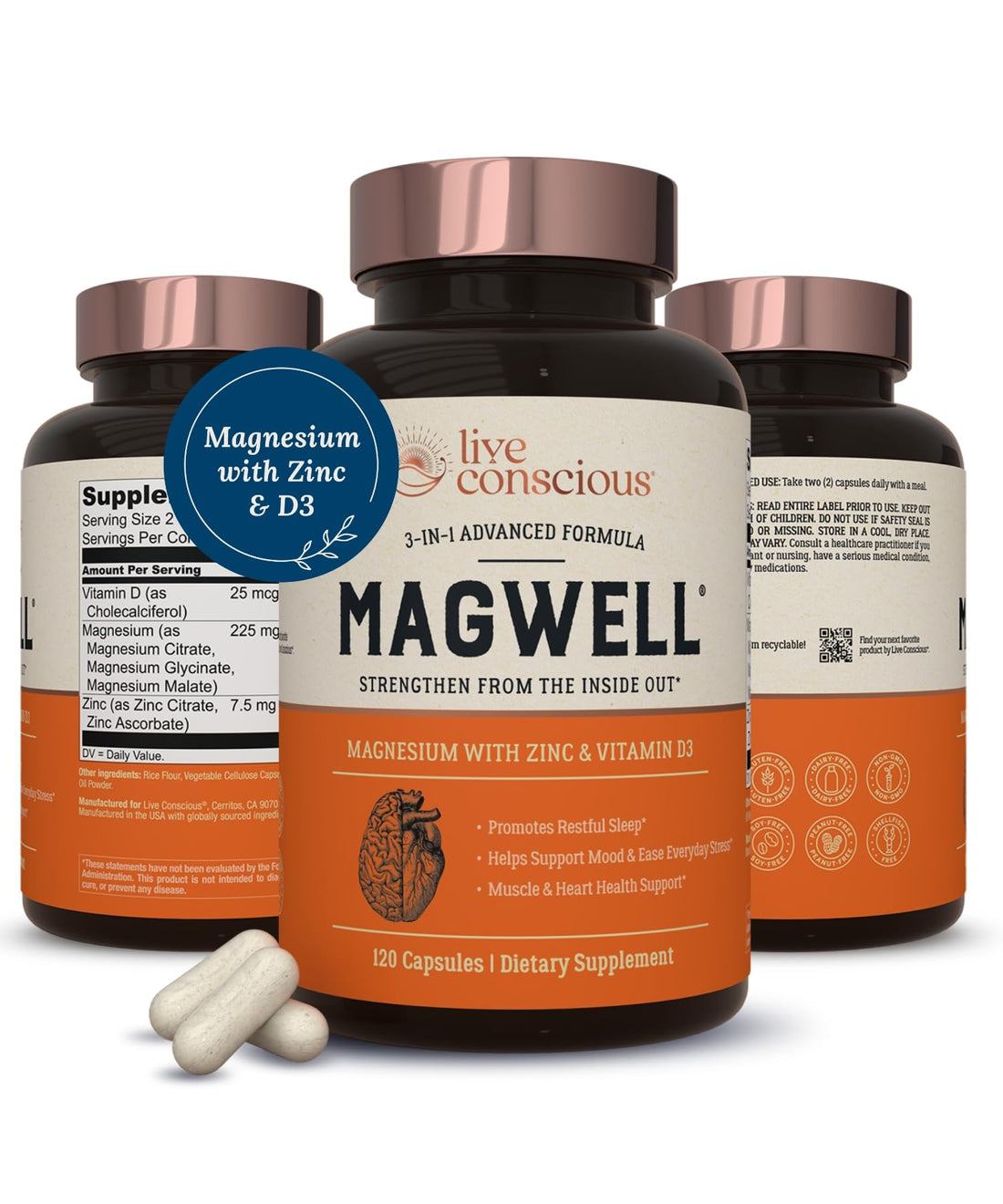 Live Conscious Magwell Magnesium Zinc & Vitamin D3 - Magnesium Glycinate, Malate, & Citrate - Triple Supplement for Women & Men - for Sleep, Bone, Heart, Immune Support - 120 Caps