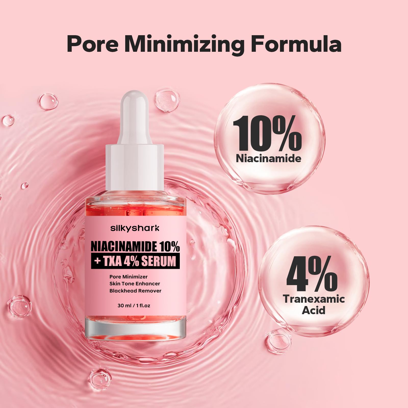 SilkyShark Niacinamide Serum (1 Fl Oz), 10% Niacinamide + 4% Tranexamic Acid, Face Serum for Pore Minimizing, Dark Spots, Blackhead Removal, Hydrating, and Anti-Aging