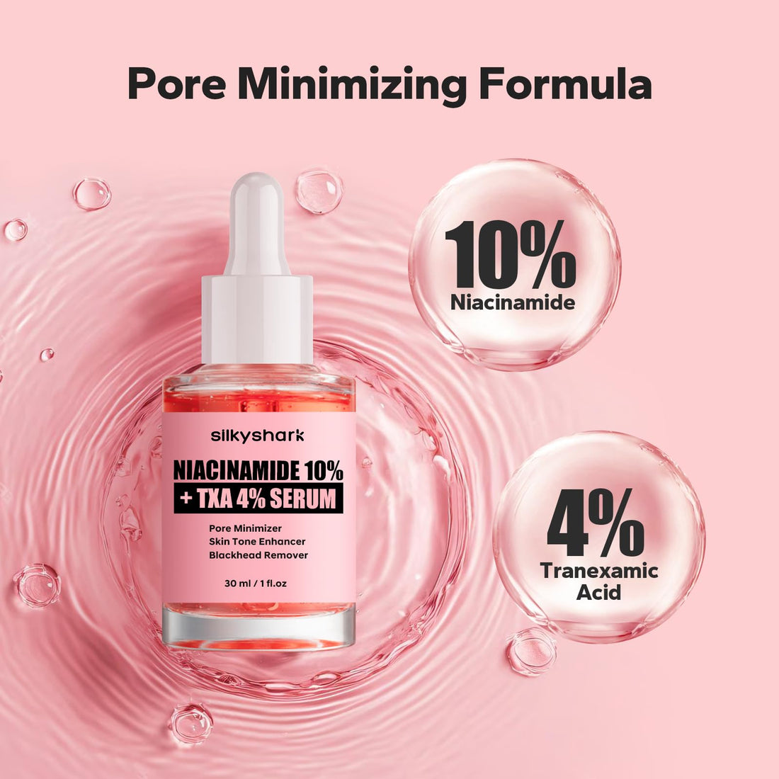 SilkyShark Niacinamide Serum (1 Fl Oz), 10% Niacinamide + 4% Tranexamic Acid, Face Serum for Pore Minimizing, Dark Spots, Blackhead Removal, Hydrating, and Anti-Aging