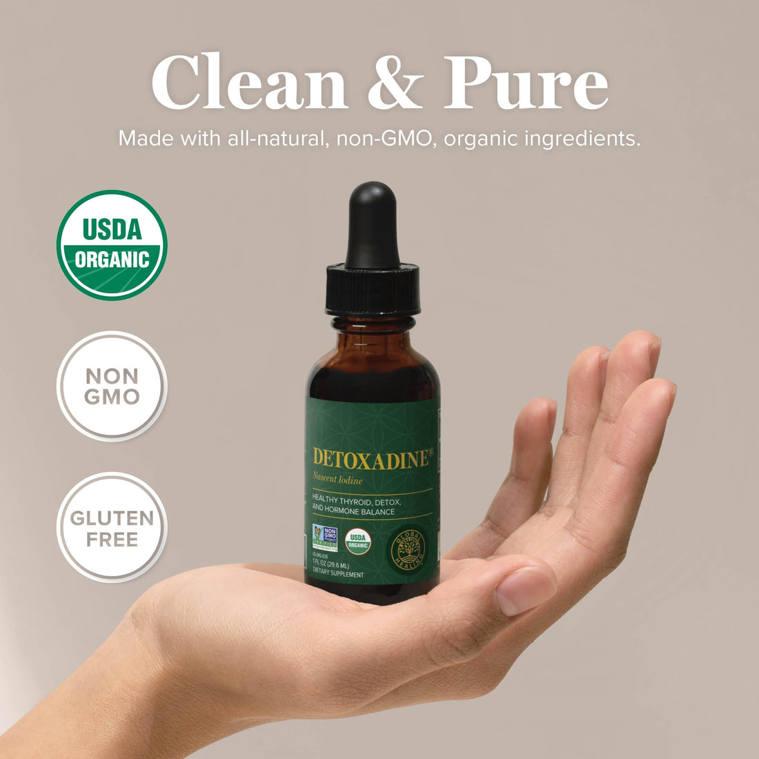 Global Healing Detoxadine - Organic Nascent Liquid Iodine Supplement Drops for Thyroid Support, Detox Cleanse, Metabolism Health and Better Sleep - Non-GMO, Vegan, 200 Servings Iodine Drops (1 Oz)