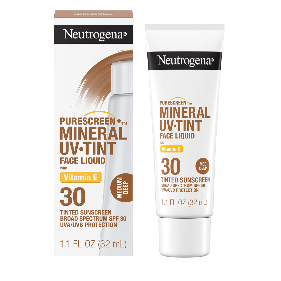 Neutrogena Purescreen+ Tinted Sunscreen for Face with SPF 30, Broad Spectrum Mineral Sunscreen with Zinc Oxide and Vitamin E, Water Resistant, Fragrance Free, Medium Deep, 1.1 fl oz