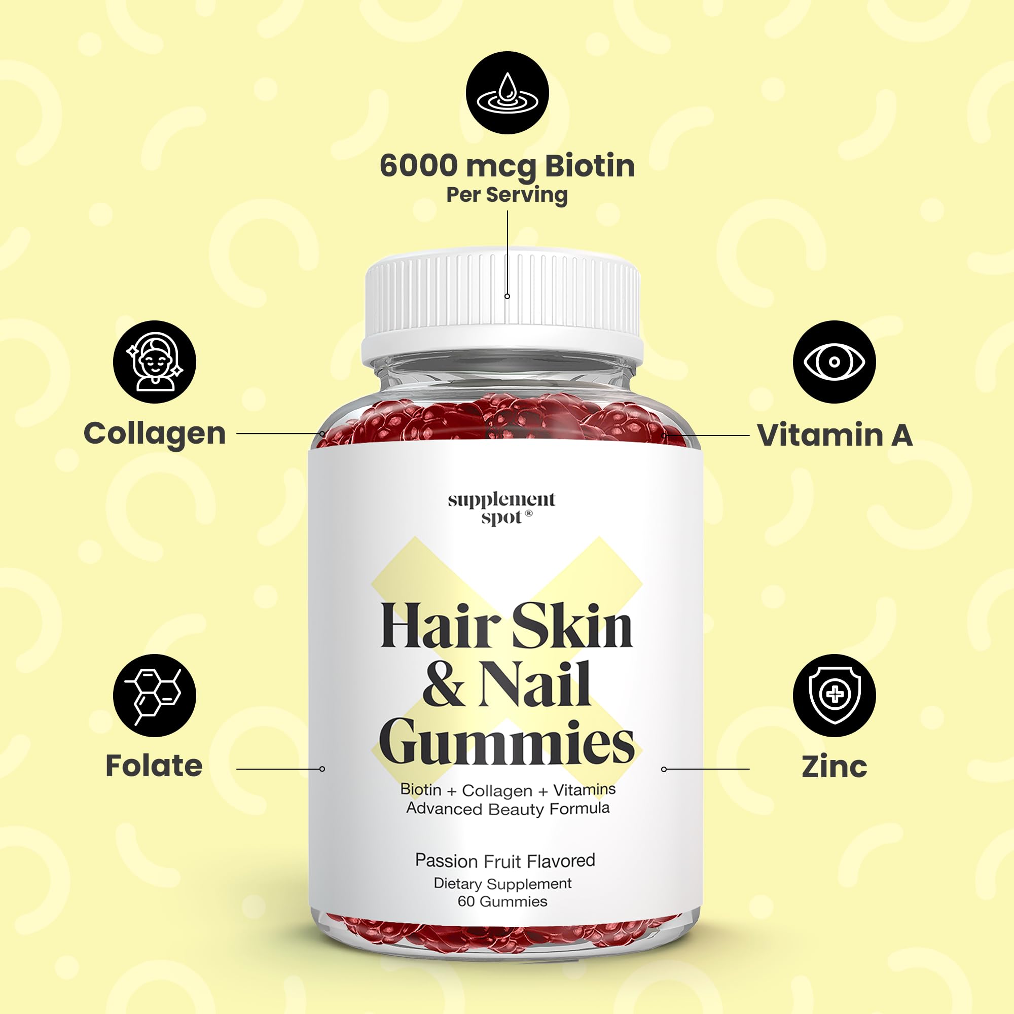 Supplement Spot Hair Skin and Nails Vitamins, 6000 mcg Biotin Gummies w/Collagen, Passion Fruit Flavored Hair Vitamins, Gluten Free Collagen Supplements (60 Count)