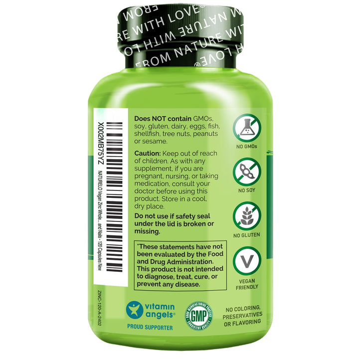 NATURELO Vegan Zinc Whole Food Complex Supplement with Vitamin C for Immune Support and Healthy Skin, Hair, and Nails - 120 Capsules