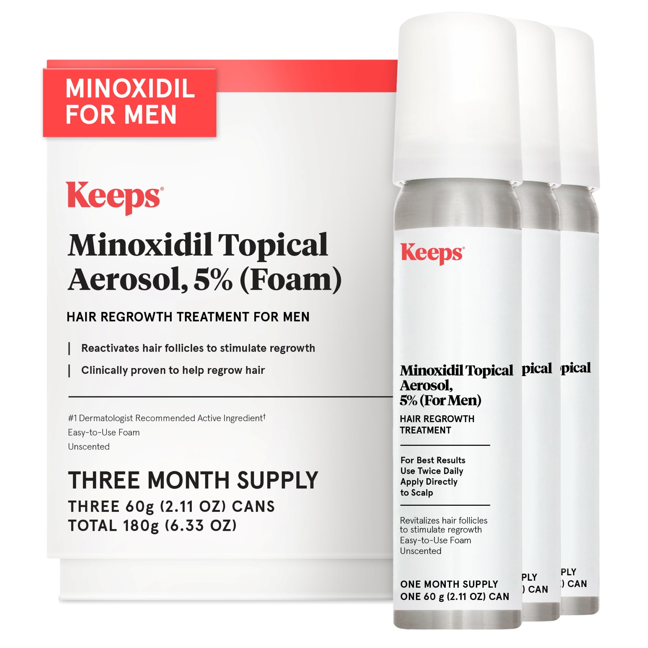 Keeps Extra Strength Minoxidil for Men Topical Aerosol Foam 5%, Hair Growth Treatment - 3 Month Supply (3 x 2.11oz Bottles) - Thicker, Longer Hair - Slows Hair Loss & Promotes Hair Regrowth