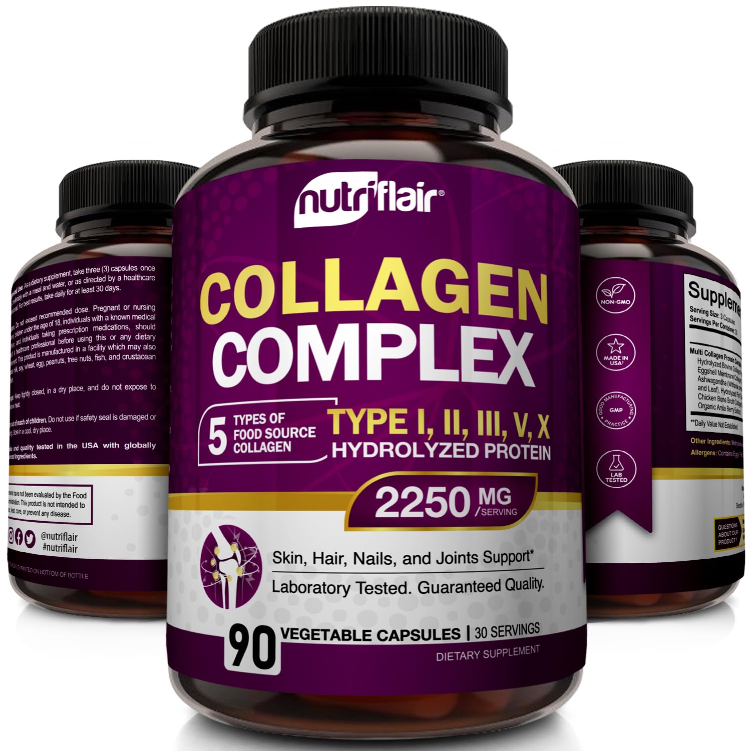 NutriFlair Multi Collagen Peptides 2250mg, 90 Capsules - Type I, II, III, V, X - Collagen Supplements Complex Powder Pills for Women and Men - Hydrolyzed Protein, Healthy Hair, Skin, Nails - Non-GMO