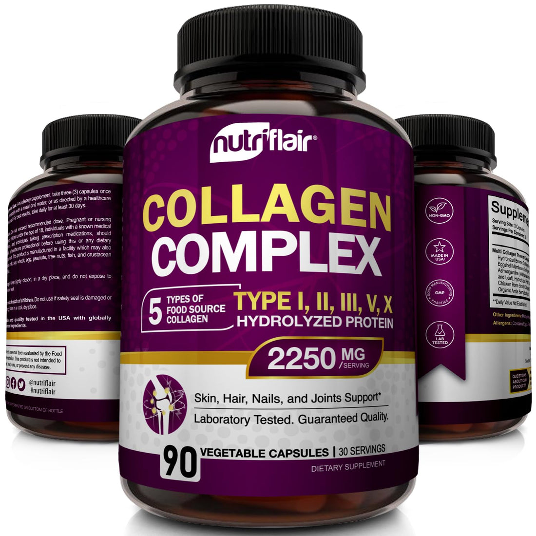 NutriFlair Multi Collagen Peptides 2250mg, 90 Capsules - Type I, II, III, V, X - Collagen Supplements Complex Powder Pills for Women and Men - Hydrolyzed Protein, Healthy Hair, Skin, Nails - Non-GMO