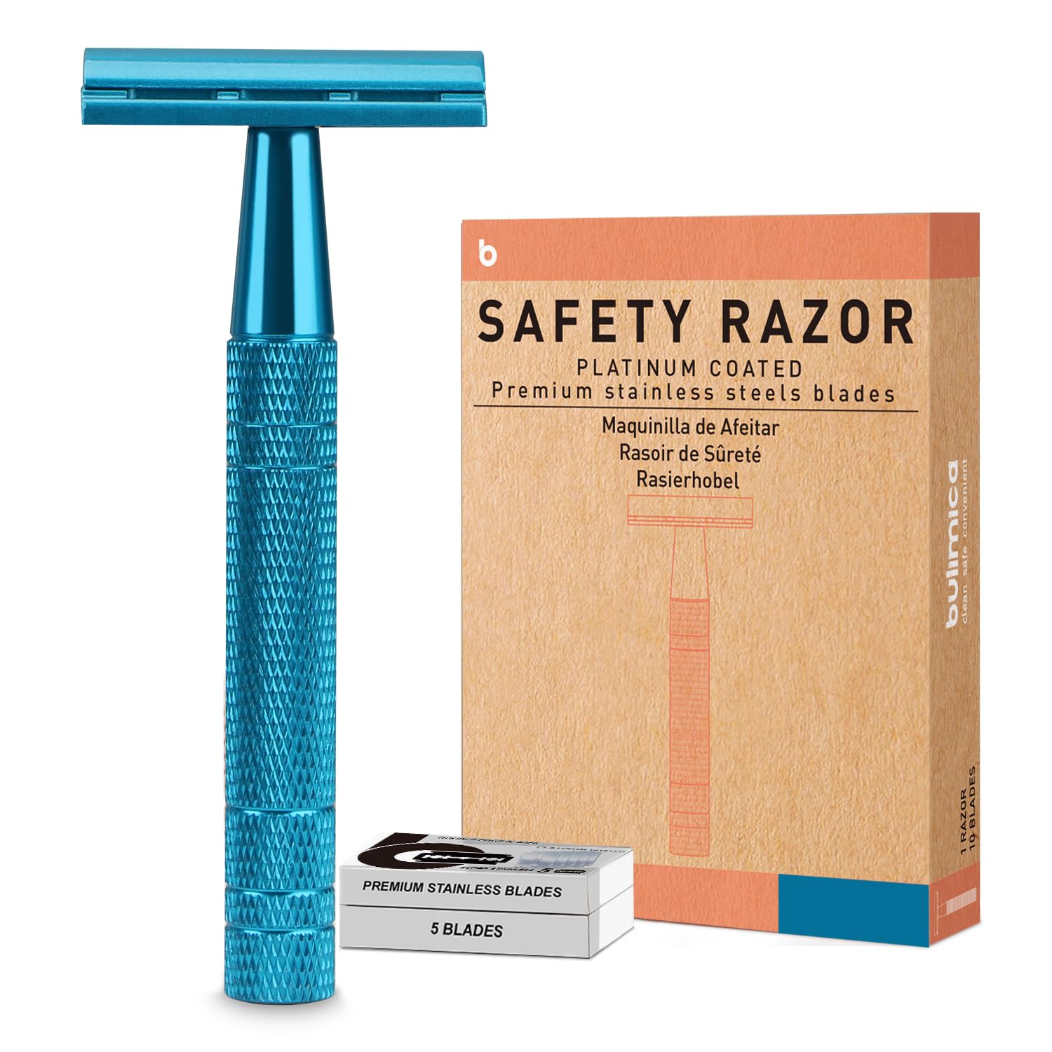 Double Edge Safety Razor, Single Blade Razors for Men and Women, with 10 Stainless Steel Safety Razor Blades, Smooth and Close Wet Shaving, Plastic Free, Blue