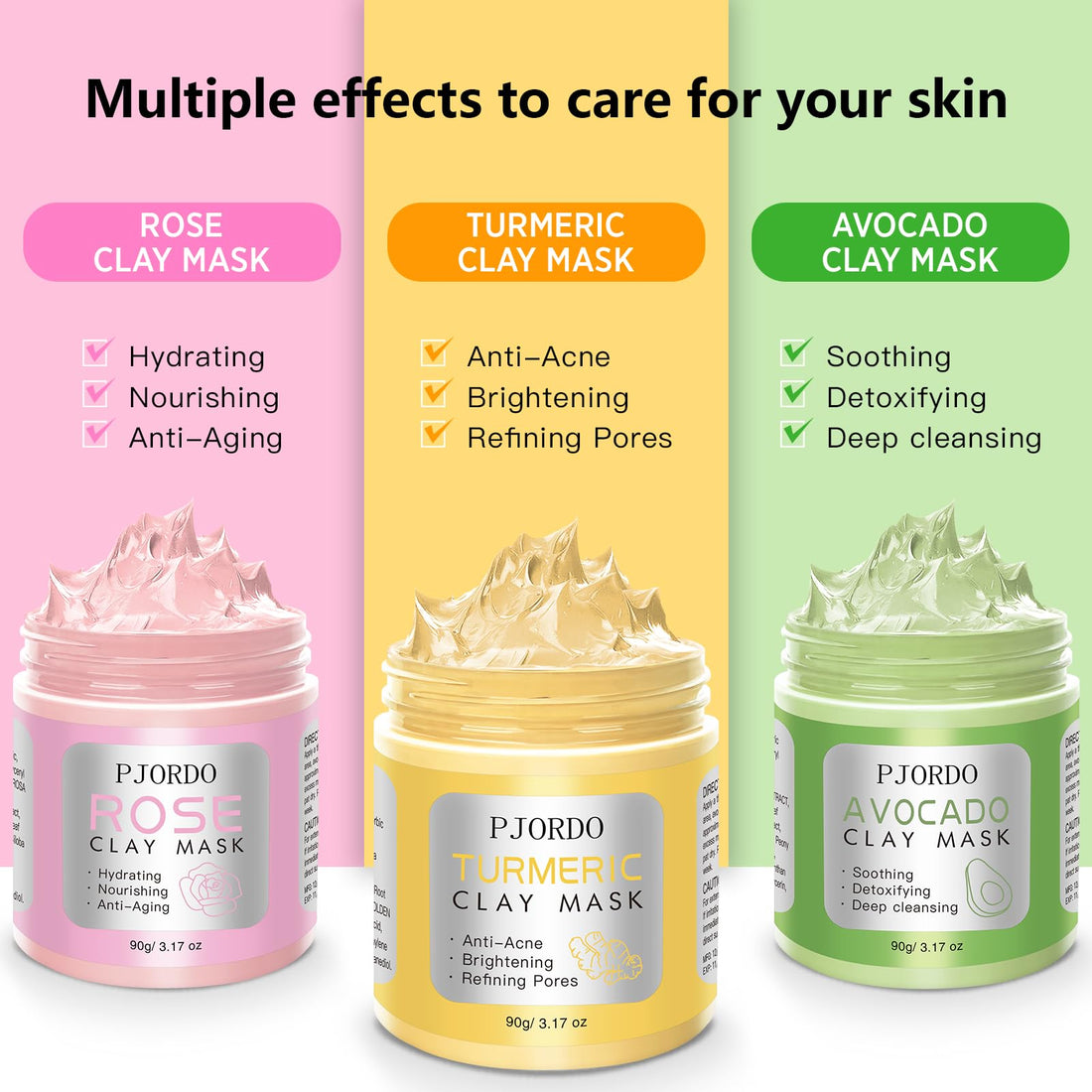Pjordo Clay Mask Kit, Mothers Day Spa Gifts for Wife, Turmeric Vitamin C, Avocado, Rose Clay Mask, Facial Skin Care Set for Deep Cleaning Reduce Blackheads Dark Spots, 3.17 Oz Each