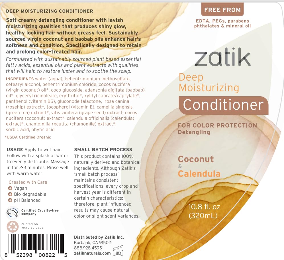 Zatik Naturals - Coconut and Calendula Deep Moisturizing Conditioner for Colored and Dry Hair, Bio-degradable, pH Balanced, Vegan (10.8 fl oz, 320ml)FREE FROM EDTA, PEG, Parabens, fragrances, phthalat
