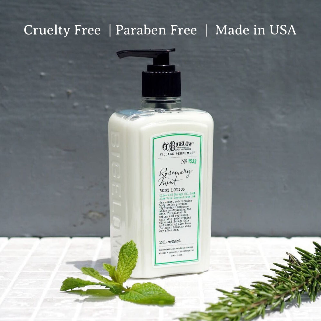 C.O. Bigelow Rosemary Mint Moisturizing Body Lotion for Women and Men, Village Perfumer Lotion with Olive Oil, Borage Oil, and Aloe Vera, 10 fl oz