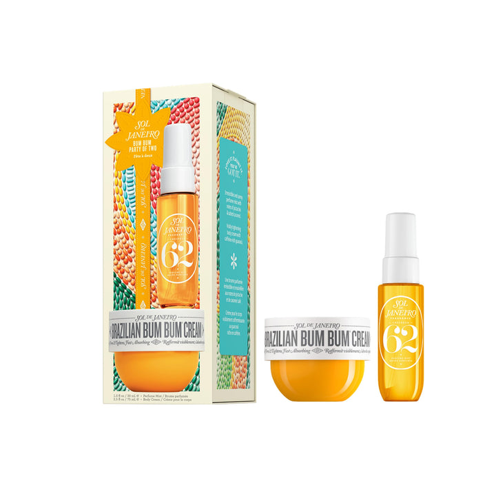 Sol de Janeiro Bum Bum Party of Two Beauty Gift Set | Brazilian Bum Bum Cream 2.5 fl oz & Cheirosa 62 Perfume Mist 1 fl oz | Beauty Minis | Limited Edition | Travel Size Trial Set