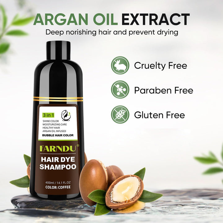 Farndu Coffee Hair Dye Shampoo for Women & Men - Gray Coverage 3 In 1 Natural Color Shampoo