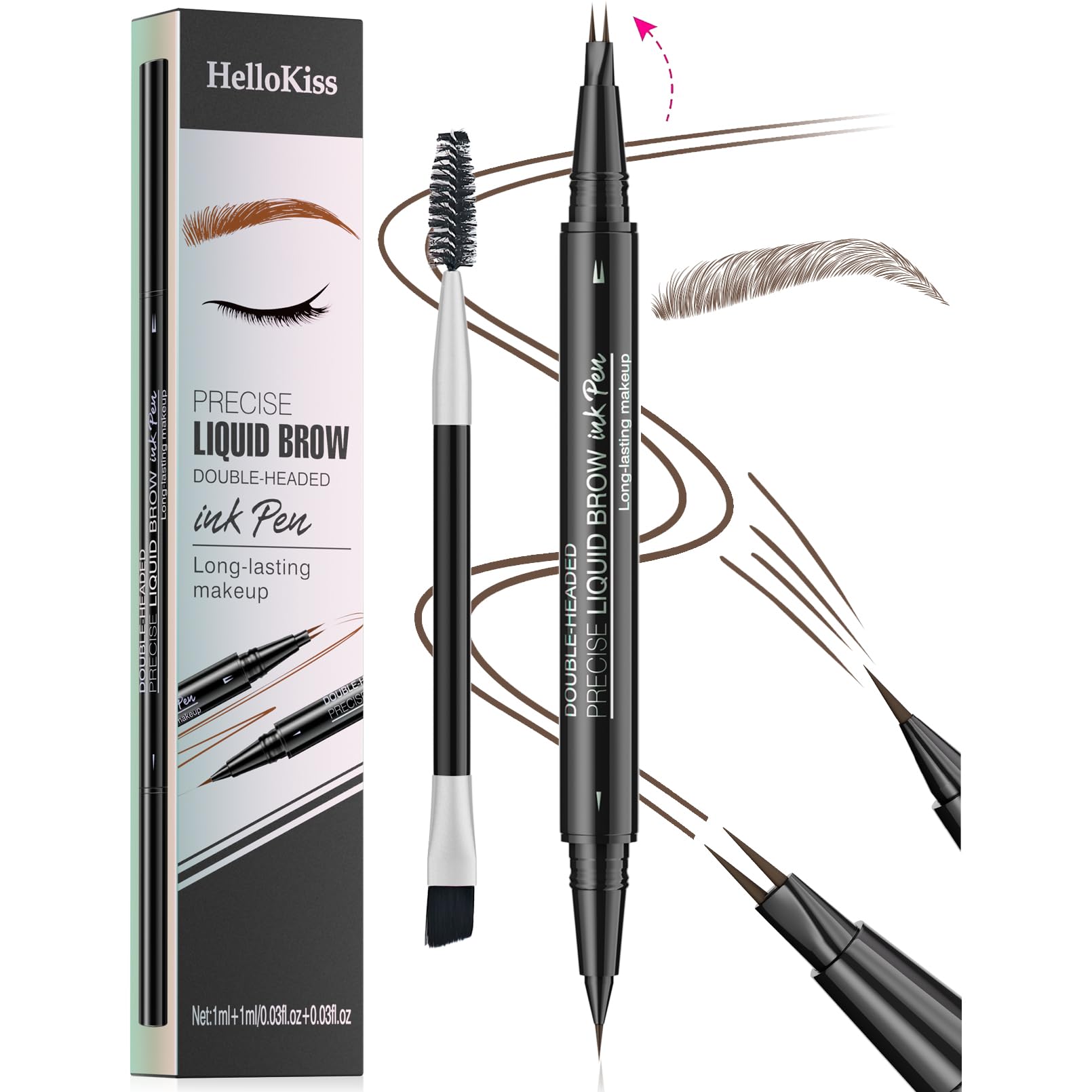 HelloKiss Precise Liquid Eyebrow Pen, 2 in 1 Dual-ended 2 Fork Tip Liquid Eyebrow Pencil with Eyebrow Brush,Microblading Eyebrow Pencil,Waterproof Eyebrow Pencil, Natural Long-Lasting(02#BROWN)