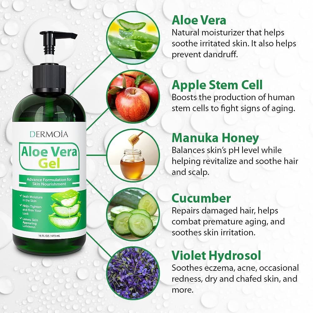 DERMOIA Aloe Vera Gel Body Moisturizer - Sunburn Relief Aloe Vera Gel for Skin with Apple Stem Cell, Cucumber & Violet Hydrosol - Hydrating Facial Moisturizer for Dry Skin - Scalp Moisturizer 16oz