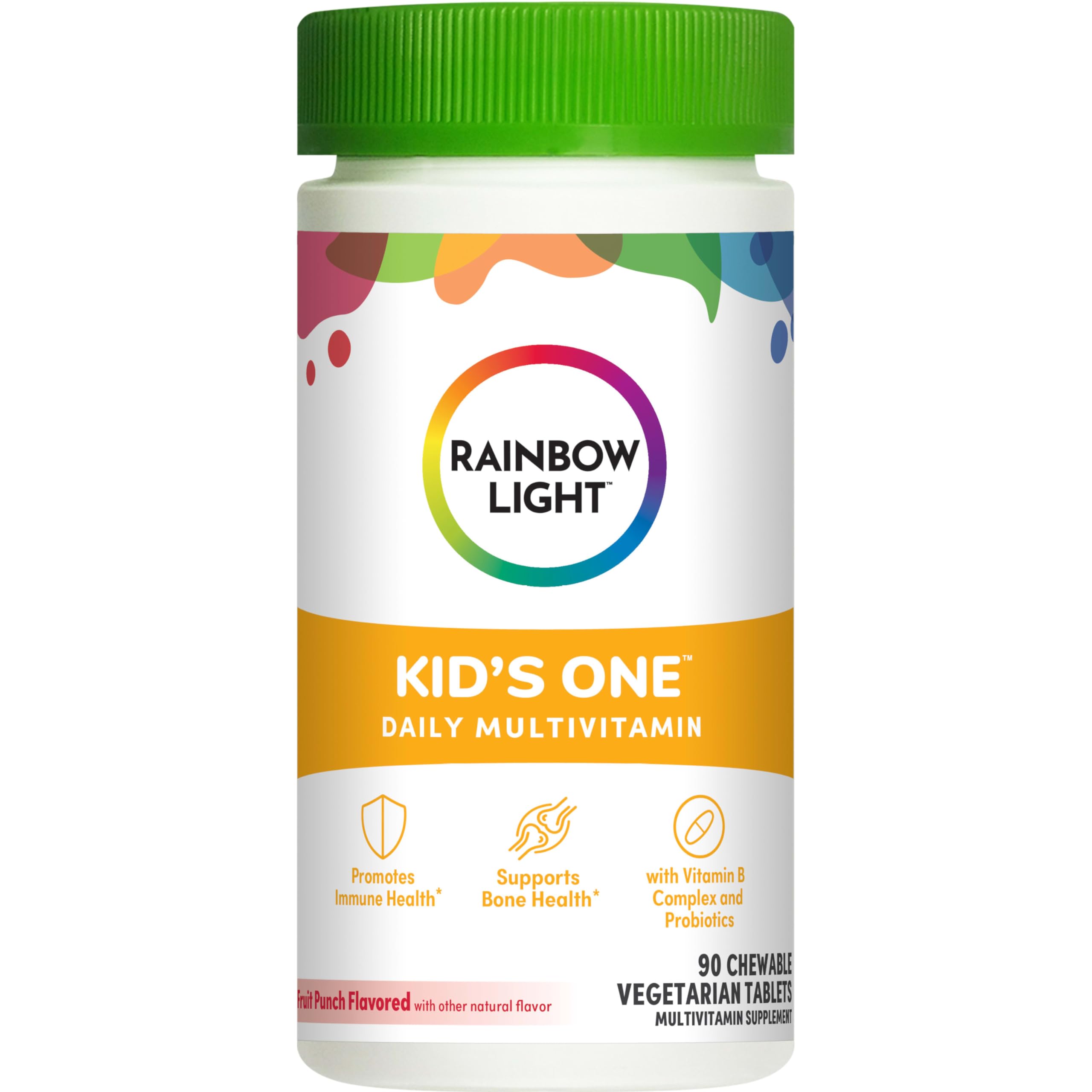 Rainbow Light Kids One Multivitamin, Chewable Multivitamin for Kids Provides Healthy Growth and Immune Support, With Vitamin C, Zinc, & B Complex, Vegetarian and Gluten Free, Fruit Punch, 90 Count