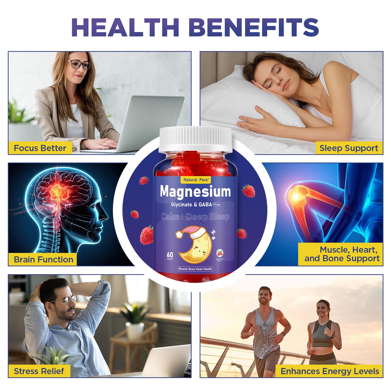 Magnesium Glycinate Gummies with GABA for Clam and Bed Time 400mg Sugar Free Magnesium Glycinate Supplement with Vitamin D, B6, and CoQ10 for Calm & Bed Time for Kids Adults