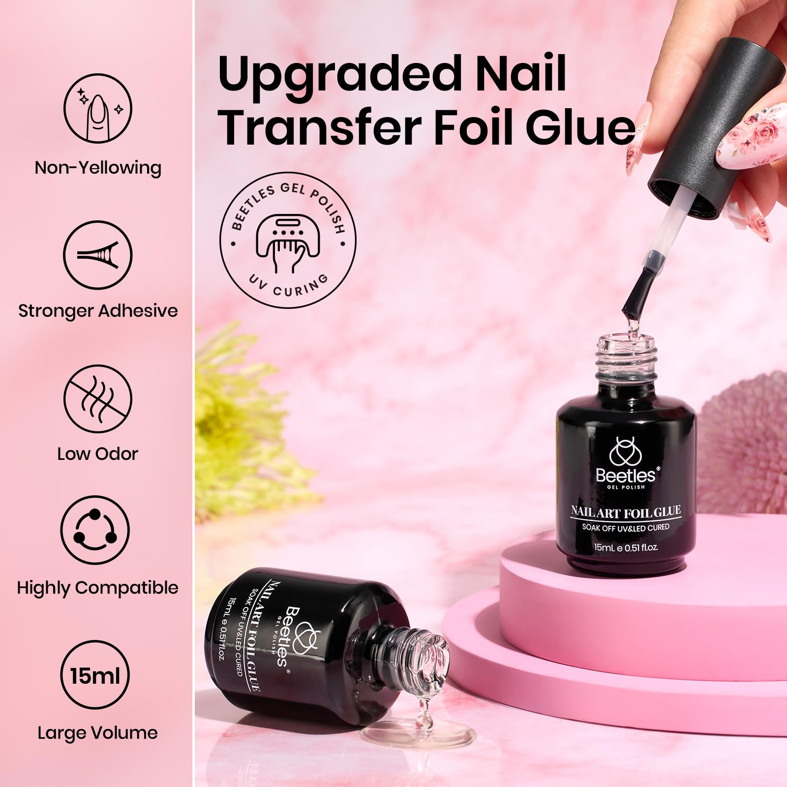 Beetles Nail Foil Glue Gel 2Pcs 15ml with 20 Pcs Lace Flower Butterfly Stickers Transfer White Black Lace Nail Foil Set, LED Lamp Soak Off DIY Manicure Gifts for Women