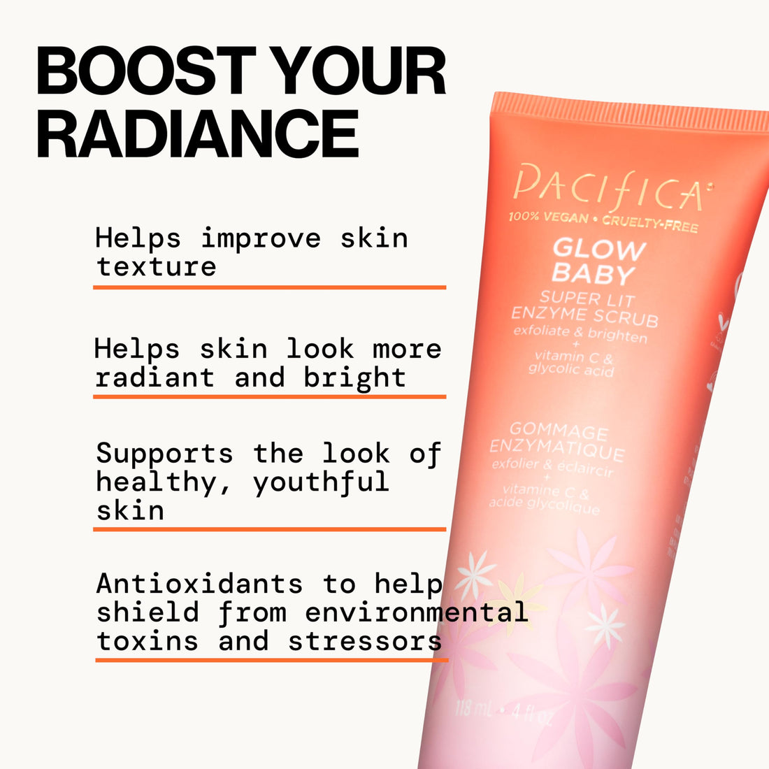 Pacifica Glow Baby Exfoliating Face Scrub, Brightening Enzyme Facial Cleanser w/ Vitamin C & Glycolic Acid for Radiant Smooth Skin, Unclogs Pores & Removes Dead Skin, Microbead-Free Vegan (4 fl oz)