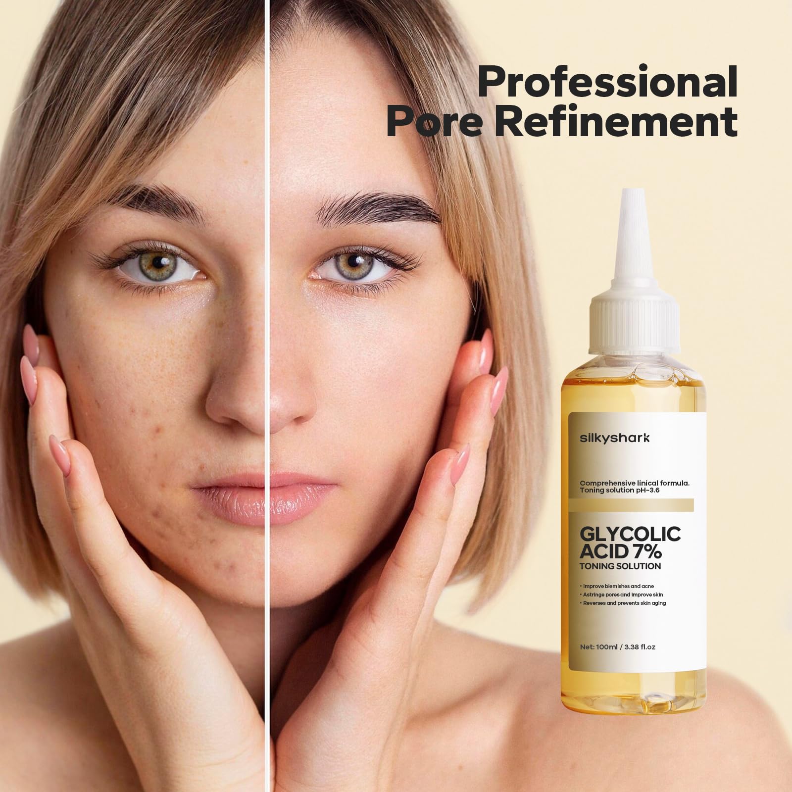 SilkyShark Glycolic Acid 7% Toner (100ml), Gentle Exfoliating Toner, Glycolic Acid 7% Toning Solution for Diminished Dullness, Wrinkle Exfoliating Serum for Face, Hydrates and Reduces Skin Blemishes