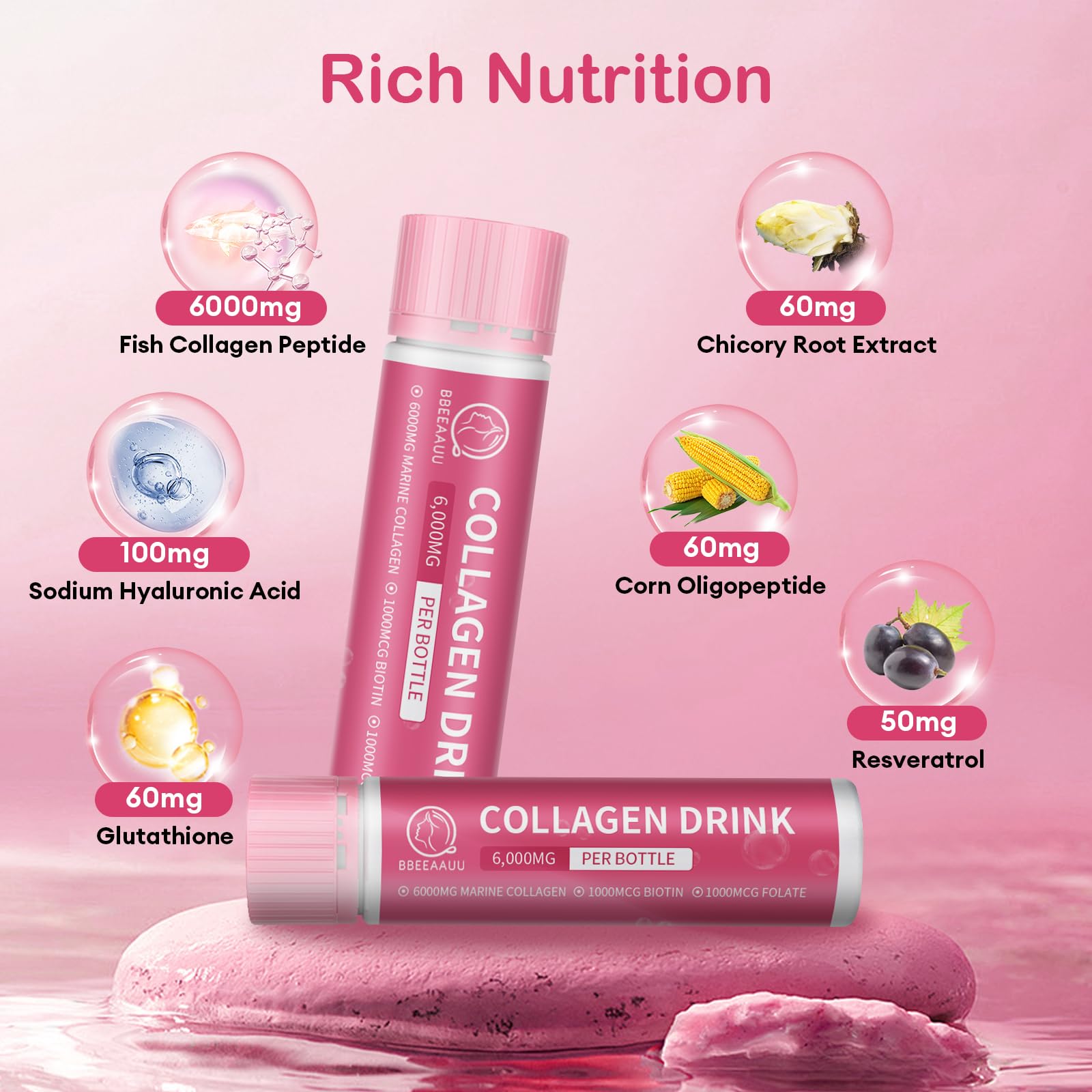 BBEEAAUU Collagen Drink with 6000 mg Marine Collagen Peptides, Liquid Collagen Shots for Women Support Beauty, Collagen Supplements for Skin, Hair and Nail Wellness (0.85 Fl Oz (Pack of 30), Apple)