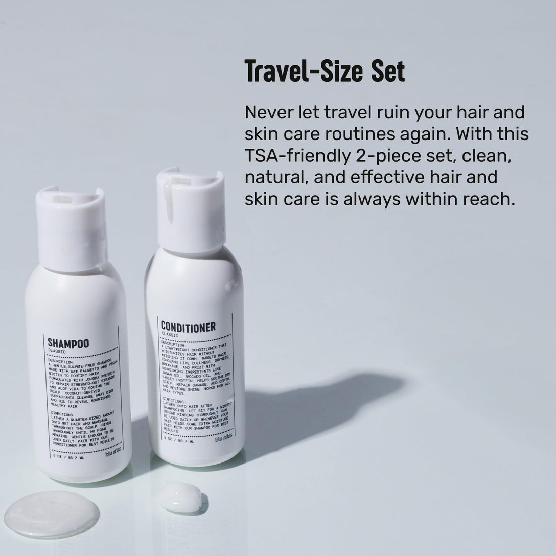 Blu Atlas Travel Size Shampoo and Conditioner for Men and Women- Deep Moisturizing and Nourishing– 2 Pc. Set – TSA Approved Sizes- 3oz.