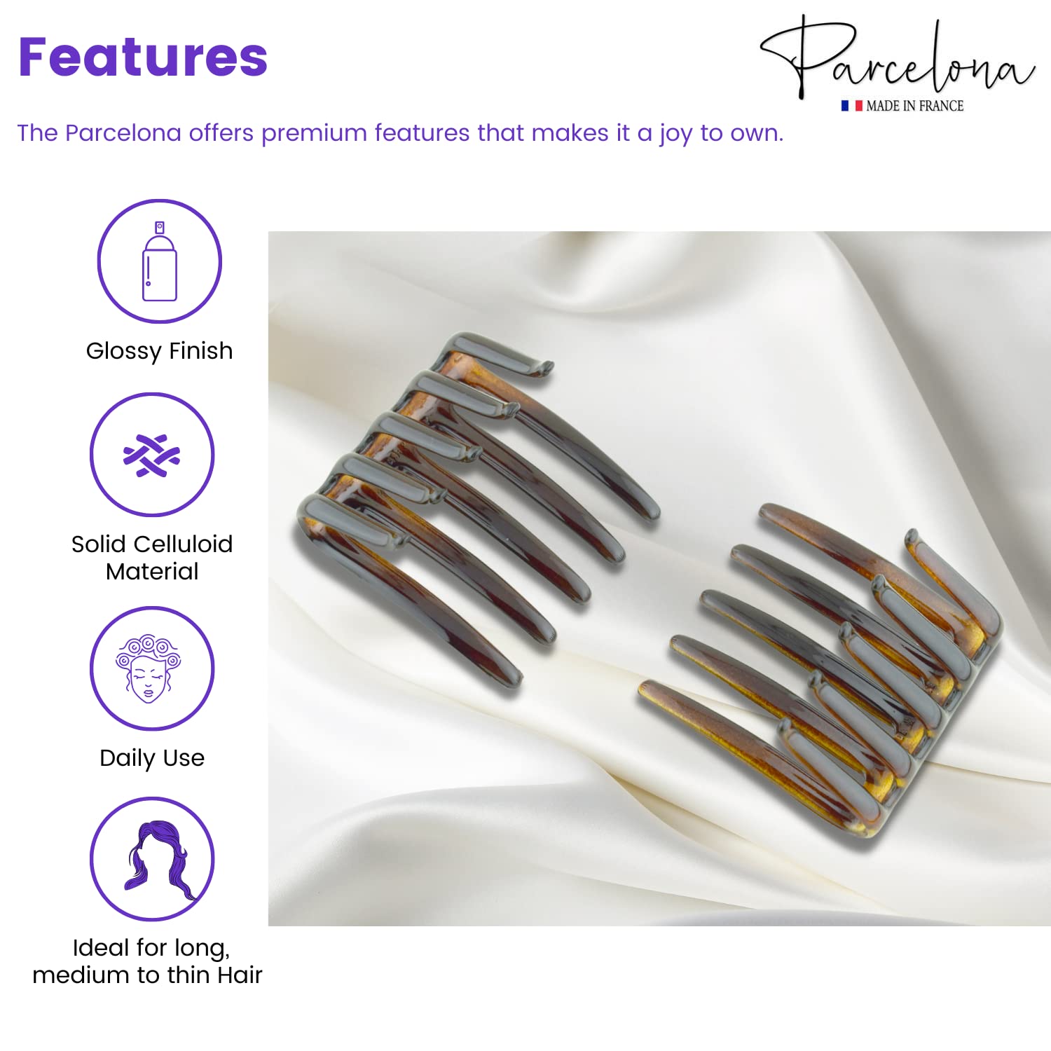 Parcelona French Crab Interlocking Medium Celluloid Shell Hair Clip Side Comb 2 1/4 Inches