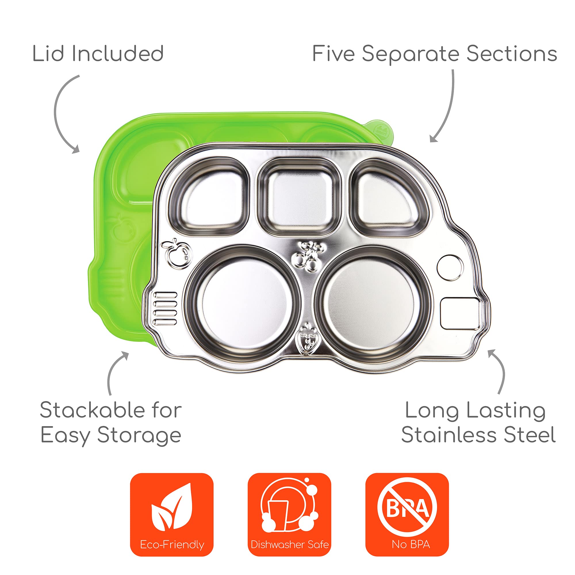 Innobaby Stainless Bus Plate with Sectional Lid, Leak-Resistant Divided Platter, Mom Invented Fun Shape Plate Din Din Smart for Babies, Toddlers and Kids, BPA Free, Green, 2 Pack