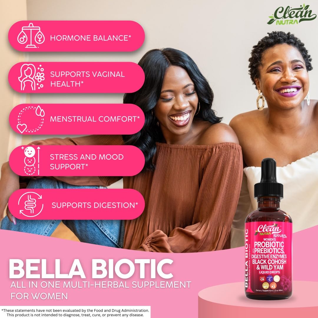 Liquid Probiotics for Women Drops with Chasteberry, Black Cohosh, Prebiotics, Digestive Enzymes, Evening Primrose Oil, Wild Yam, Cranberry Dmannose and Iron Vitamin D3 K2 Clean Nutra Bella Biotics