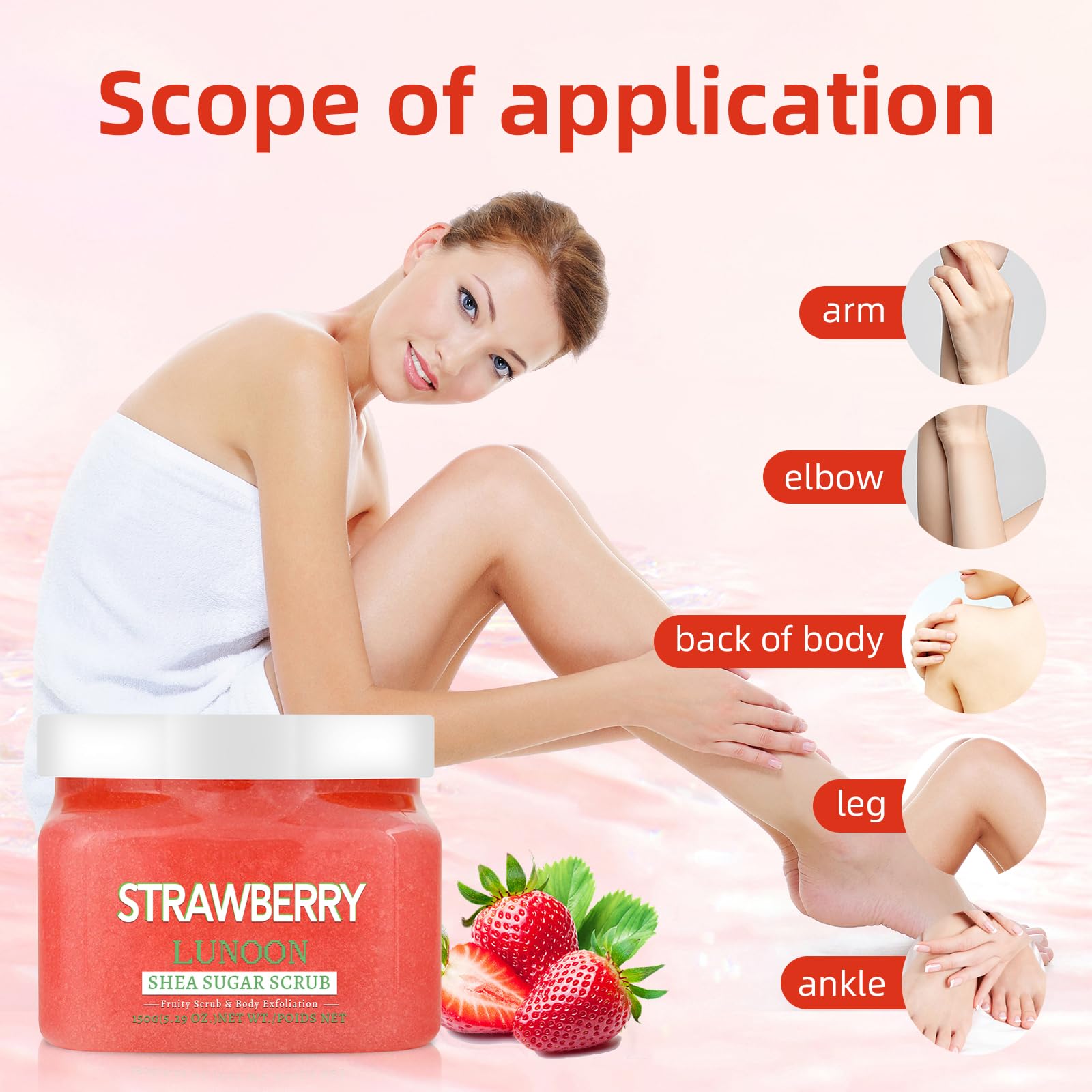 Strawberry Shea Sugar Scrub, 5.29 oz, Ultra Hydrating and Exfoliating Scrub for Nourishing Essential Body Care (1PC, Strawberry)