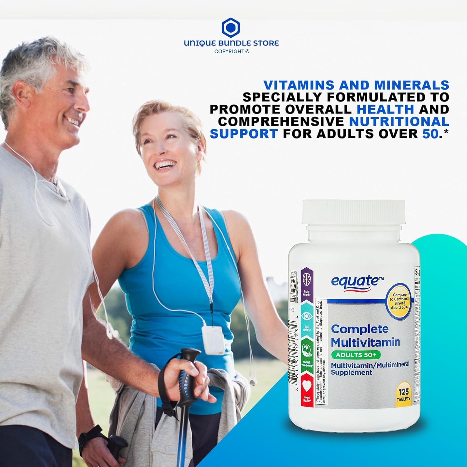 Equate Adult 50+ One Daily Complete Multivitamin/Multimineral Supplement, 125 Tablets, Comprehensive Multivitamin for Adults Over 50 + Createandbundle Sticker