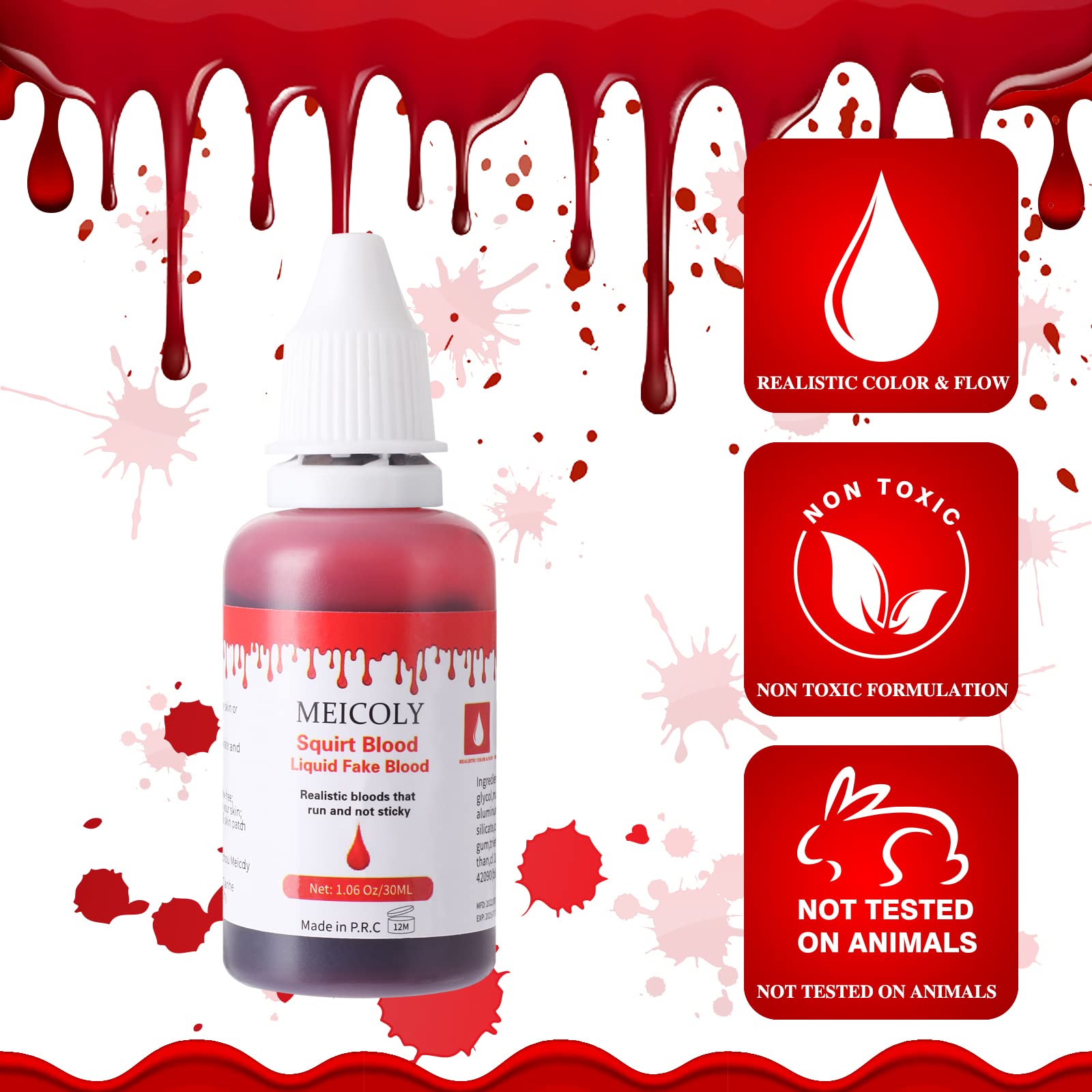 MEICOLY 2.1oz Halloween Fake Blood Makeup- Realistic Sangre Falsa Washable Edible Liquid with 0.7oz Cleaning Soap - Squirt Blood for Clothes,Zombie Vampire Monster,SFX Cut Flesh Wound Makeup - Bright
