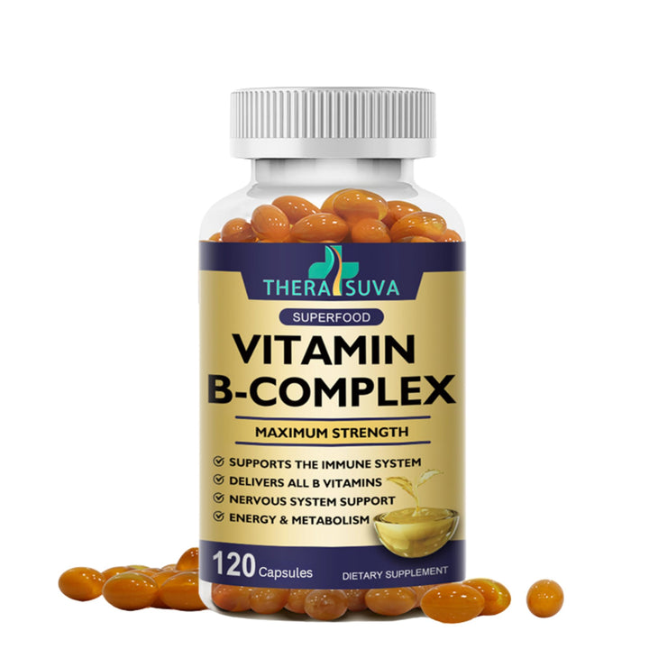 TheraSuva Vitamin B-Complex + CoQ10 + Vitamin C - Max Strength Supplement for Energy, Metabolism Support, 120 Softgels, 60 Day Supply