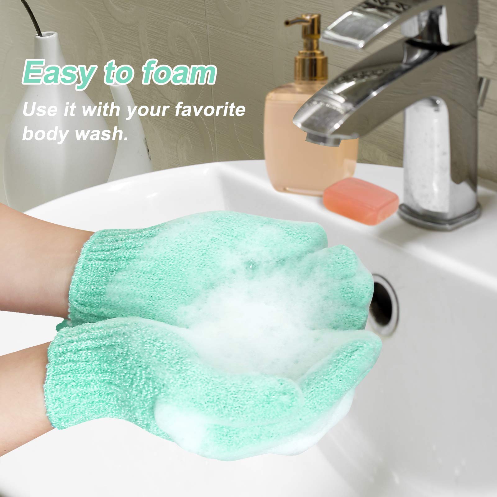 MIG4U Shower Exfoliating Scrub Gloves Medium to Heavy Bathing Gloves Body Wash Dead Skin Removal Deep Cleansing Sponge Loofah for Women and Men 1 Pair light green