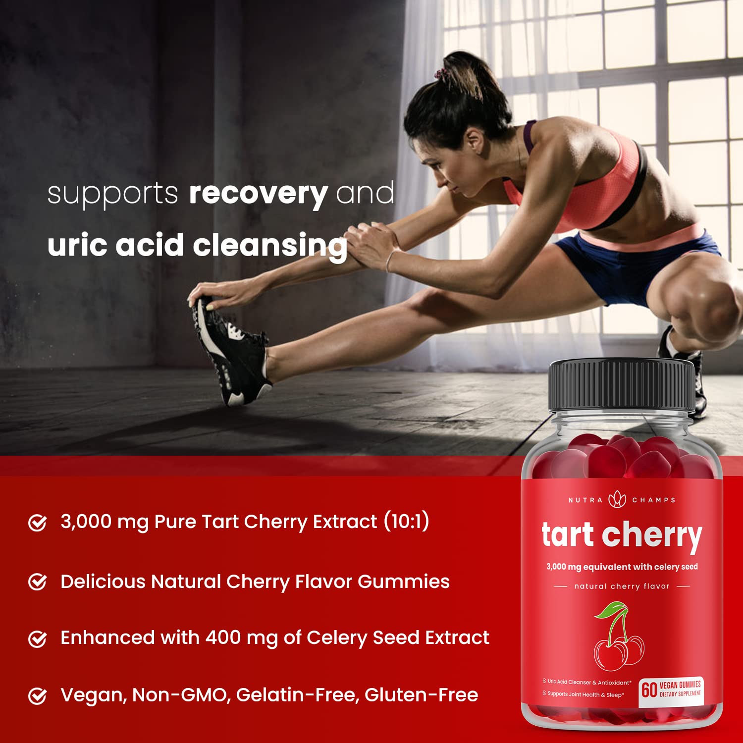 NutraChamps Tart Cherry Gummies - 3000mg Tart Cherry Extract with Celery Seed - Uric Acid Cleanse Supplement - Antioxidant, Joint Comfort, Flexibility, Immune Health, Sleep - 60 Vegan Gummies (2-Pack)