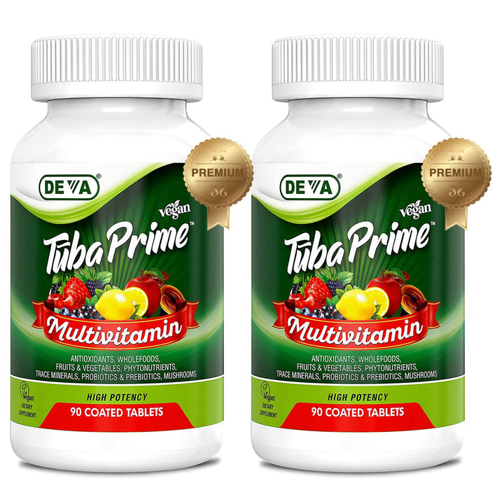 DEVA Tuba Prime Vegan Multivitamin High-Potency Vitamin and Mineral Dietary Supplement Antioxidants, Fruit and Vegetable Blend, Super Mushrooms, Probiotics, Prebiotics, Seeds, Herbs - 90 Tabs, 2-Pack