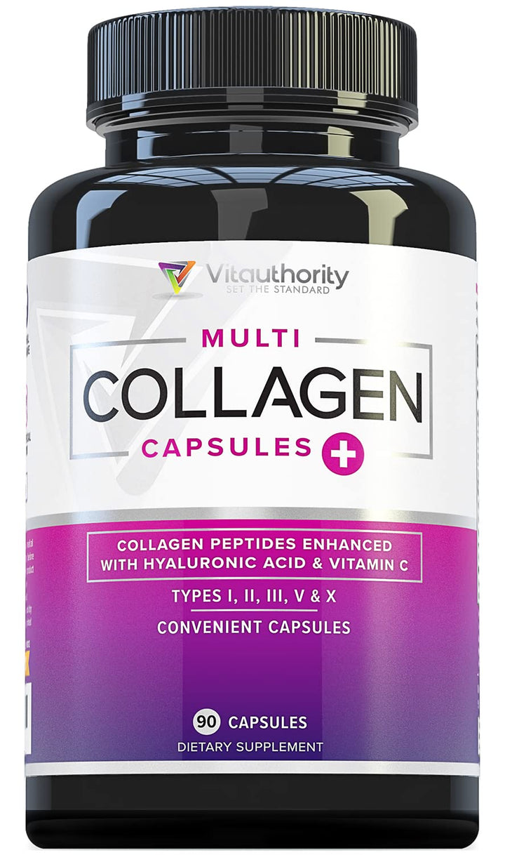 Vitauthority Multi Collagen Pills for Women and Men High Absorption Hydrolyzed Collagen Peptides Capsules for Hair Skin and Nails with Types I II III V X Hyaluronic Acid and Vitamin C - 30 Servings