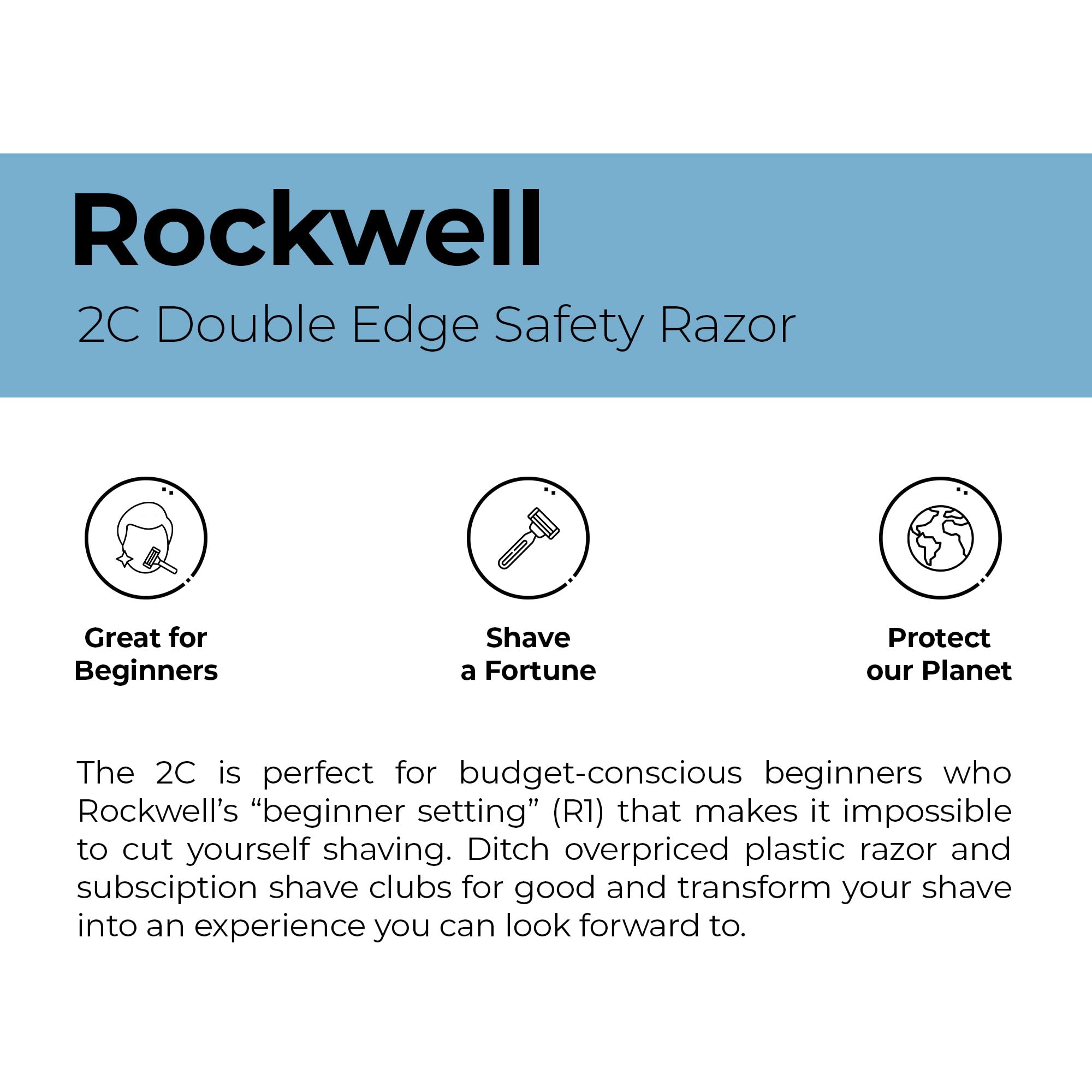 ROCKWELL RAZORS 2C Razor with 5 Blades, 6 Piece Set, White Chrome | 2 Adjustable Shave Settings = TWO razors for the cost of ONE