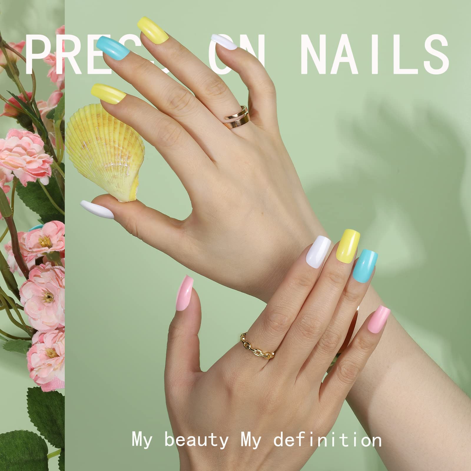 FANDAMEI 24 Colors Press on Nails Square, 24 Packs 576PCS Press on Nails Medium Square Glossy, Lightweight Natural Fake Nails Full Cover, False Nails with Glue, Short Square Acrylic Press on Nails