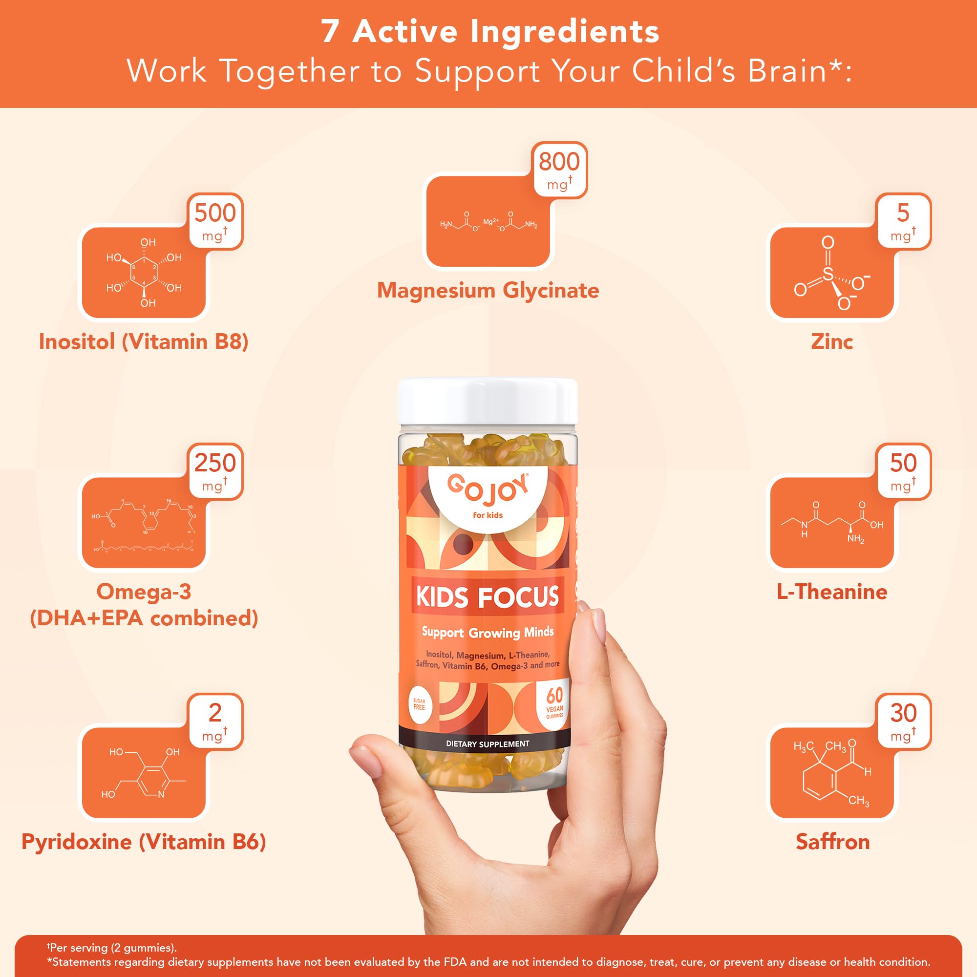 GOJOY NATURALS Kids Focus Gummies - 7-in-1 Focus & Attention Supplement for Kids & Teens w/Inositol, Magnesium Glycinate, L-Theanine, Saffron & More - Vegan, Gluten & Sugar-Free, Non-GMO